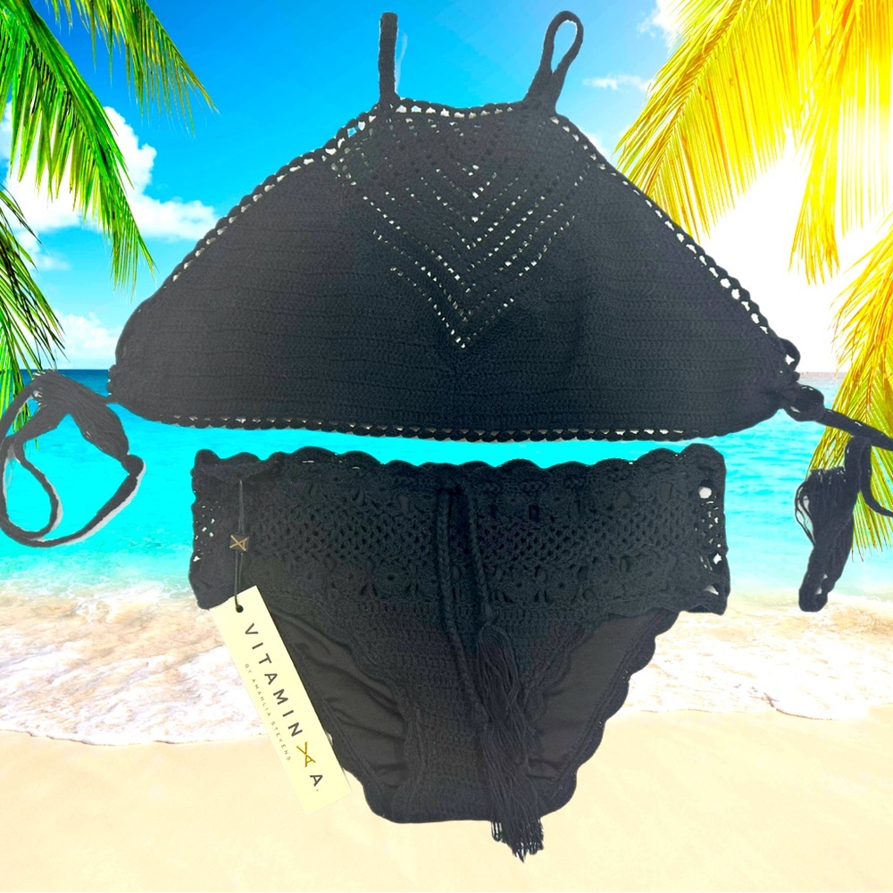 NWT Vitamin A Black Crochet Bikini: Top is Size L Bottom is Size S